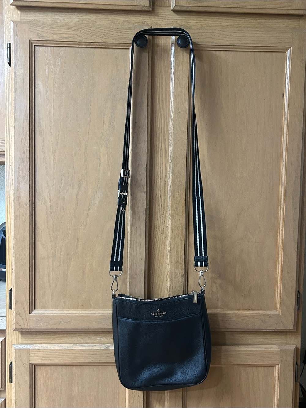 kate spade Black Leather Crossbody with Striped Adjustable Strap